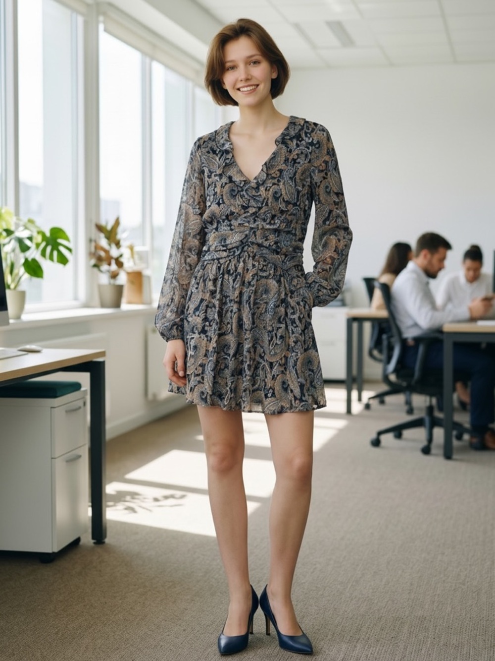 City Studio Navy, Tan and Light Blue Paisley Long Sleeve Dress